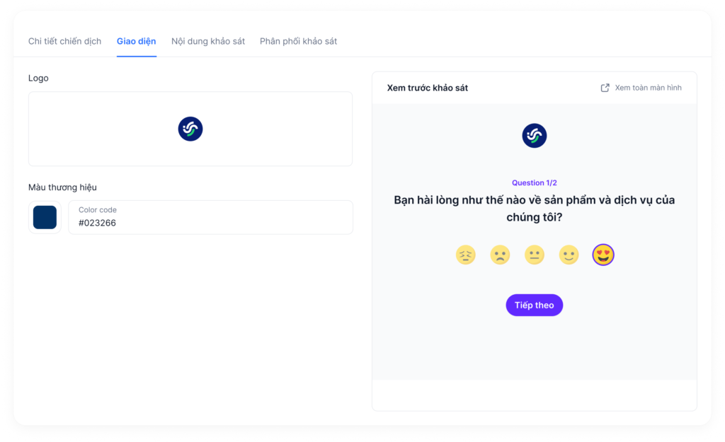 Ngoài chủ đề, nền tảng của Filum cũng cho phép doanh nghiệp thêm logo và tùy chỉnh màu của các yếu tố khác nhau trong khảo sát