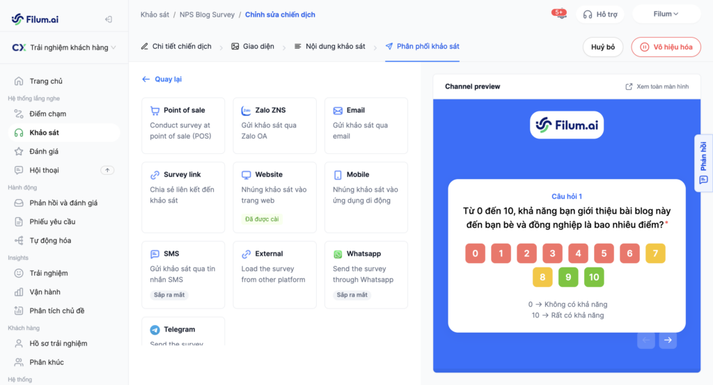 Phân phối khảo sát đa kênh với nền tảng của Filum.ai